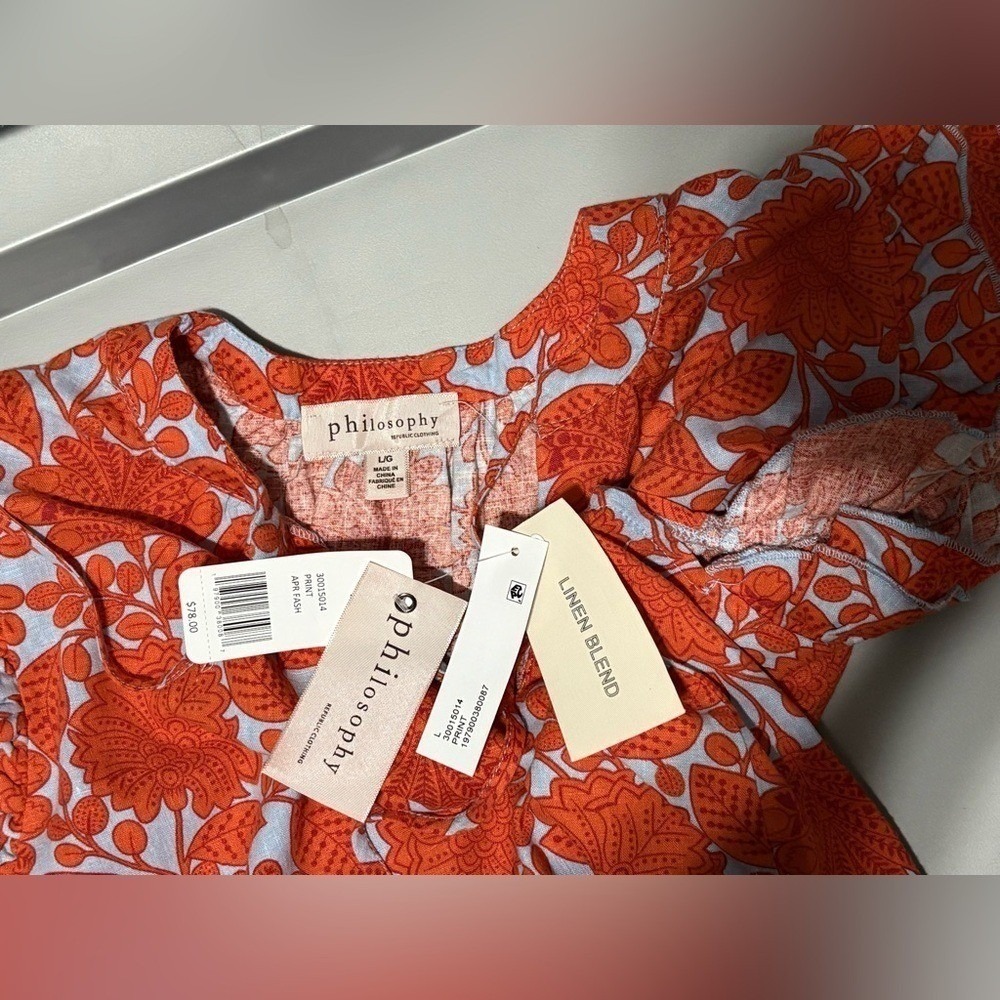 Philosophy Orange/Blue Floral Flutter Sleeve Printed Top Shirt NWT - Picture 7 of 11